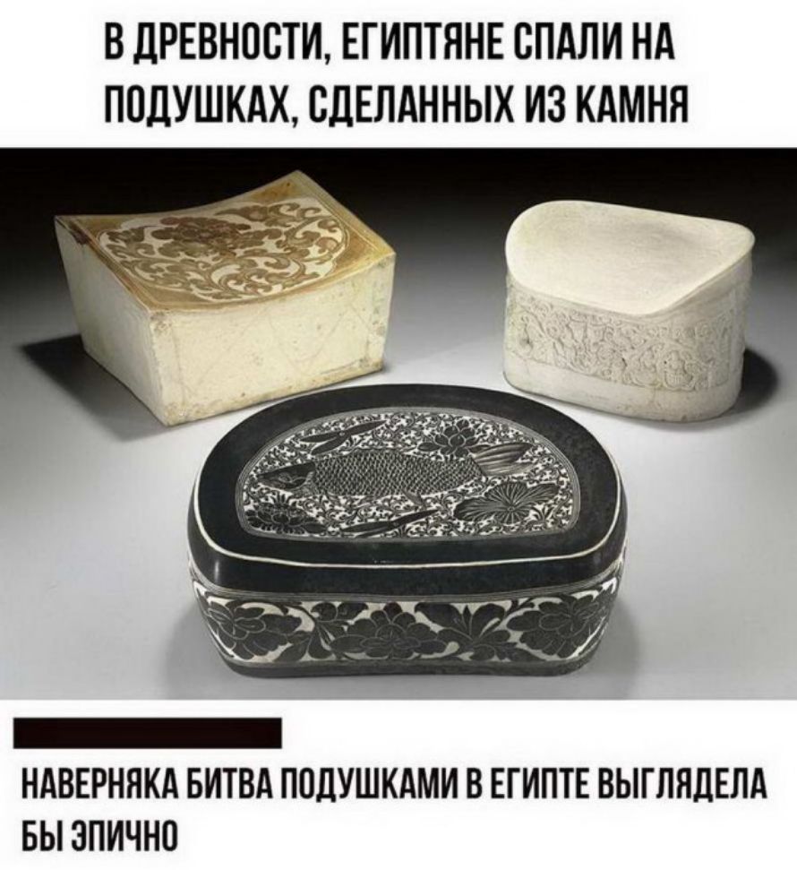 В ЛРЕВНОСТИ ЕГИПТЯНЕ СПАЛИ НА ППДУШКАХ СДЕЛАННЫХ ИЗ КАМНН НАВЕРНЯКА БИТВА ПОДУШКАМИ В ЕГИПТЕ ВЫГЛЯЛЕЛА БЫ ЗПИЧНО