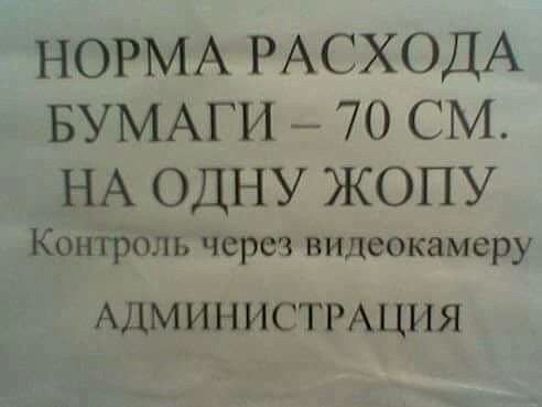НОРМА РАСХОДА БУМАГИ 70 СМ НА ОДНУ ЖОПУ Контроль через видеокамеру АДМИНИСТРАЦИЯ