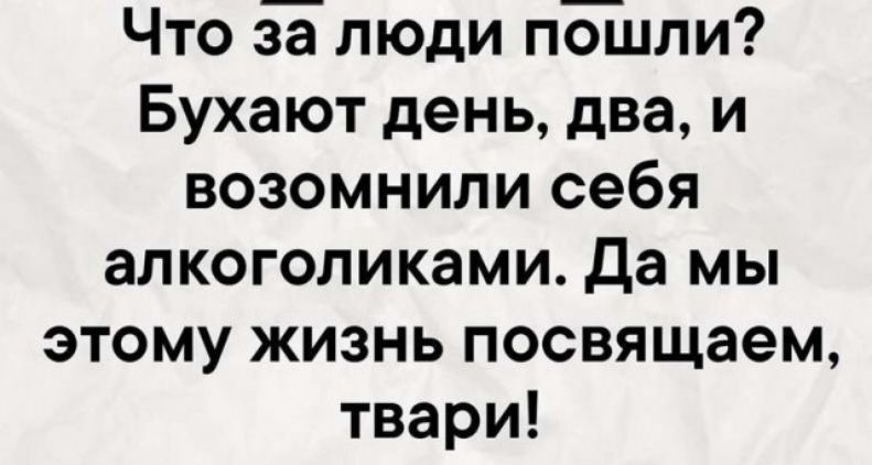 Что 5 люди по_шли Бухают день два и возомнили себя алкоголиками Да мы этому жизнь посвящаем твари