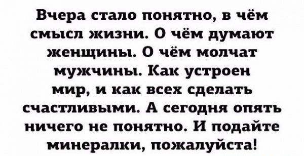 Вчера стало понятно в чём смысл жизни О чём думают женщины О чём молчат мужчины Как устроен мир и как всех сделать счастливыми А сегодня опять ничего не понятно И подайте мииералки пожалуйста