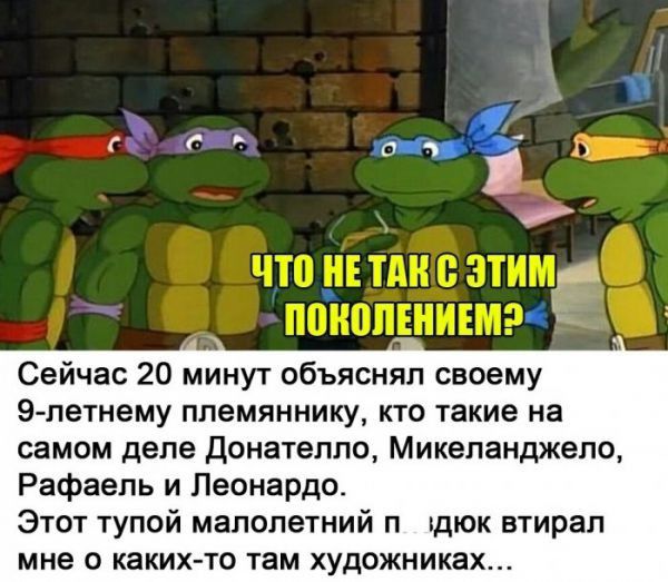 Сейчас 20 минут объяснял своему 9 летнему племяннику кто такие на самом деле Донателло Микеланджело Рафаель и Леонардо Этот тупой малолетний п дюк втирал мне о каких то там художниках