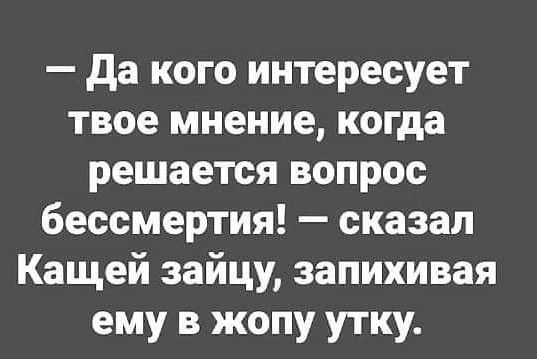 да кого интересует твое мнение когда решается вопрос бессмертия сказал Кащей зайцу запихивая ему в жопу утку