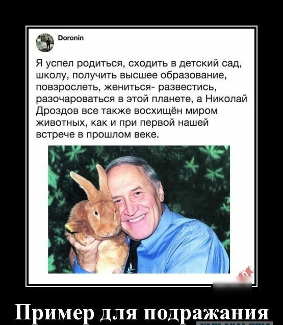 погон Я успел родиться сходить в детский сад ШКОЛУ ПОЛУЧИТЬ ВЫСШЕЕ ОБПЗЗОЕЗНИЭ повзрослеть жениться развестись разочароваться в этой планете а Николай Дроздов все также восхищён миром животных как и при первой нашей встрече в прошлом веке Пример для подражания