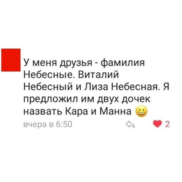 У меня друзья фамилия Небесные Виталий Небесный и Лиза Небесная Я предложил им двух дочек назвать Кара и Манна 2 чмра е 50