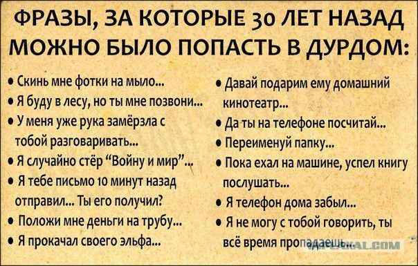 ФРАЗЫ ЗА КОТОРЫЕ 30 ЛЕТ НАЗАД МОЖНО БЫЛО ПОПАСТЬ В ДУРДОМ Скинь мне фотки на мьио Я буду в лесу но ты мне позвони У меня уже рука замёрзла тобой разговаривать с я случайно стёр Войну и мир с я тебе письмо 10 минут назад отправил Ты его получил Положи мне деньги на трубу я прокачал своего эльфа Давай подарим ему домашний кинотеатр Да ты на телефоне посчитай Переименуй папку ПОКЗ ЕХЕЛ на машине УШЕЛ