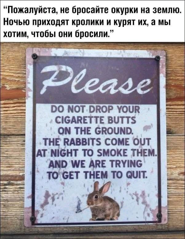 Пожалуйста не бросайте окурки на землю Ночью приходят кролики и курят их а мы хотим чтобы они бросили 00 МОТ ВКОР УОПК СЮАВЕТТЕ ВЦТТЗ 0 ТН БЮШЮ ВТ СОМЕ ОПТ АТ ні нт то змокг тнсм Зо тд также сет ЕМ 10 скит