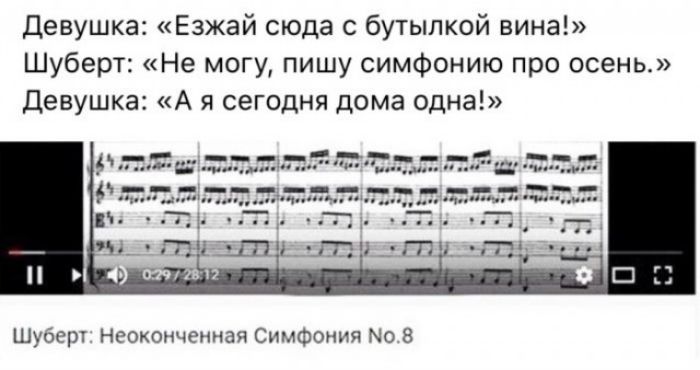 Девушка Езжай сюда с бутылкой вина Шуберт Не могу пишу симфонию про осень Девушка А я сегодня дома одна Шуберт Неоконченная Симфония 0 8
