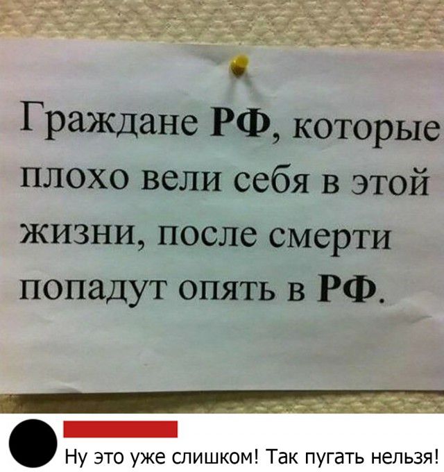 Граждане РФ которые плохо вели себя в этой жизни после смерти попадут опять в РФ Ну это уже слишком Так пугать нельзя