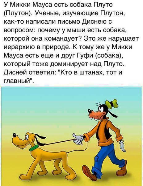 У Микки Мауса есть собака Ппуто Плутон Ученые изучающие Плутон как то написали письмо диснею с вопросом почему у мыши есть собака которой она командует Это же нарушает иерархию в природе К тому же у Микки Мауса есть еще и дрУг Гуфи собака который тоже доминирует Над Плутос Дисней ответил Кто в штанах тот и главный