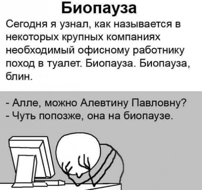 Биопауза Сегодня я узнал как называется в некоторых крупных компаниях необходимый офисному работнику поход в туалет Биопауза Биопауза блин Алле можно Алевтину Павловну Чуть попозже она на биопаузе