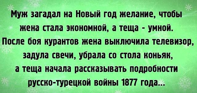 Муж загадал на Новый год желание чтобы жена стала экономной а теща умной После боя курантов жена выключила телевизор задула свечи убрала со стола коньяк а теща качала рассказывать подробности русско турецкой войны 1871 года