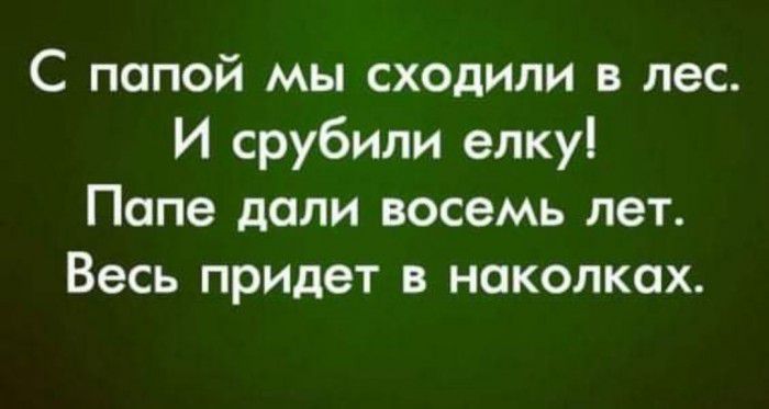 С попой мы сходили в лес И срубили елку Попе дали восемь лет Весь придет в наколксх