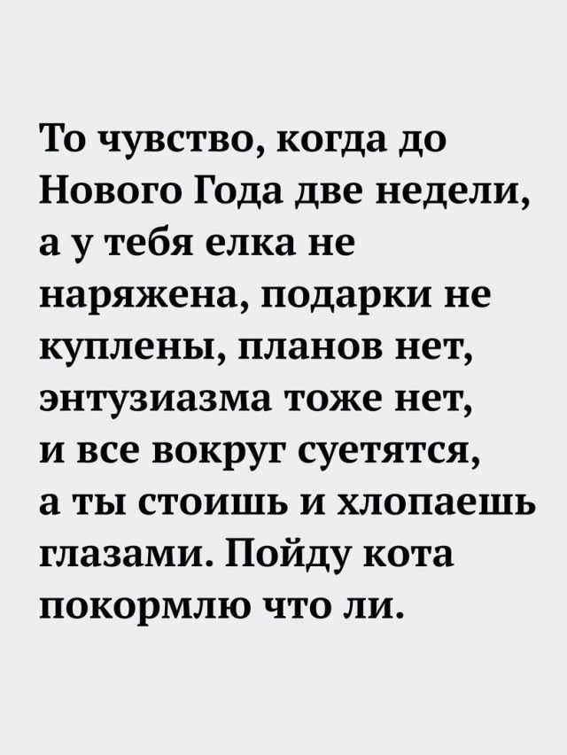 То чувство когда до Нового Года две недели а у тебя елка не наряжена подарки не куплены планов нет энтузиазма тоже нет и все вокруг суетятся а ты стоишь и хлопаешь глазами Пойду кота покормлю что ли