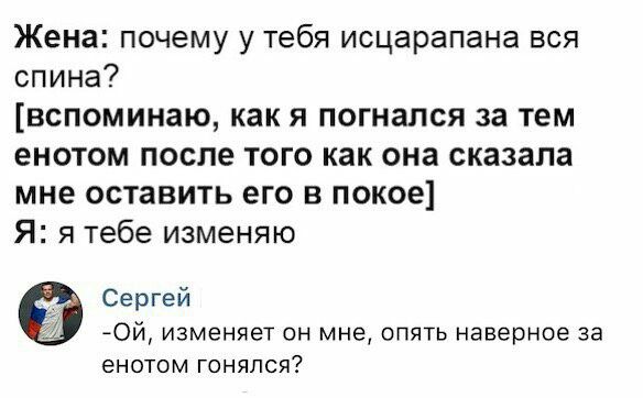Жена почему у тебя исцарапана вся спина вспоминаю как я погнался за тем енотом после того как она сказала мне оставить его в покое Я я тебе изменяю Сергей Ой изменяет он мне опять наверное за енотом гонялся