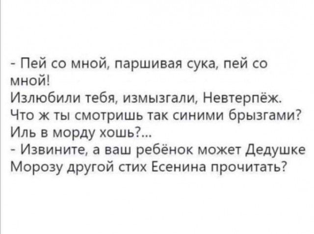Пей со мной паршивая сука пей со мной Излюбили тебя измызгали Невтерпёж Что ж ты смотришь так синими брызгами Иль в морду хошь Извините а ваш ребёнок может Дедушке Морозу другой стих Есенина прочитать