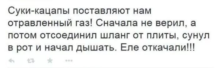 Суки кацапы поставляют нам отравленный газ Сначала не верил а потом отсоединил шланг от плиты сунул в рот и начал дышать Еле откачали