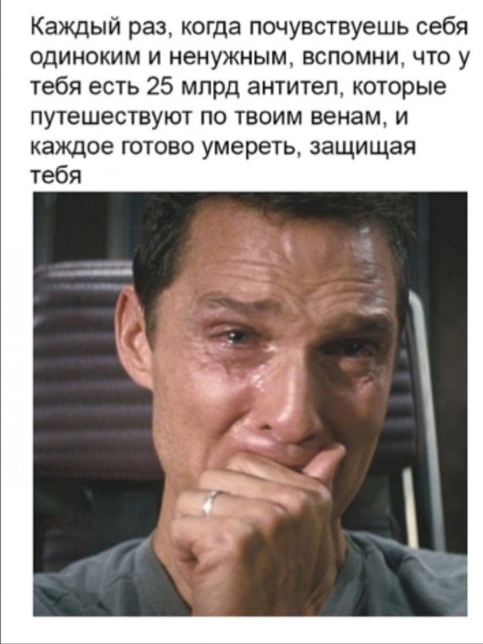 Каждый раз когда почувствуешь себя одиноким и ненужным вспомни что у тебя есть 25 млрд антител которые путешествуют по твоим венам и каждое готово умереть защищая тебя