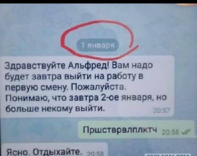 Здравствуйте Альфред Вам надо будет завтра выйти на работу в первую смену Пожалуйста Понимаю что завтра 2ое января но больше некому выйти Пршстарвлппктч о Ясно Отдыхайте _
