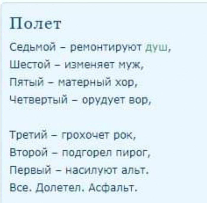 Полет Седьмой ремонтируют душ Шестой изменяет муж Пятый матерный хор Четвертый орудует вор Третий грохочет рок Второй подгорел пирог Первый насилуют альт Все долетел Асфальт