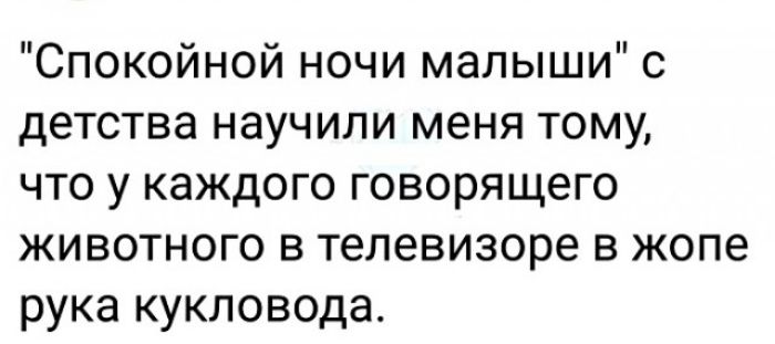 Спокойной ночи малыши с детства научили меня тому что у каждого говорящего животного в телевизоре в жопе рука кукловода