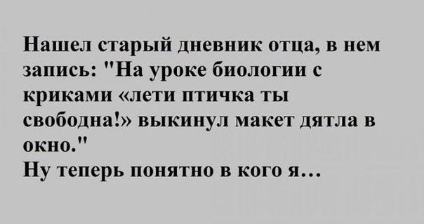Нашел старый дневник отца в нем запись На уроке биологии с криками лети птичка ты свободна выкинул макет дятла в окно Ну теперь понятно в кого я