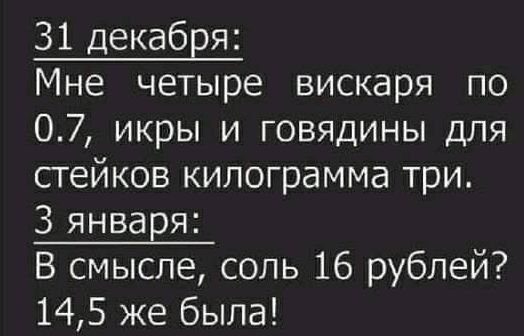 31 декабря Мне четыре вискаря по 07 икры и говядины ДЛЯ стейков килограмма три 3 января В смысле соль 16 рублей 145 же была
