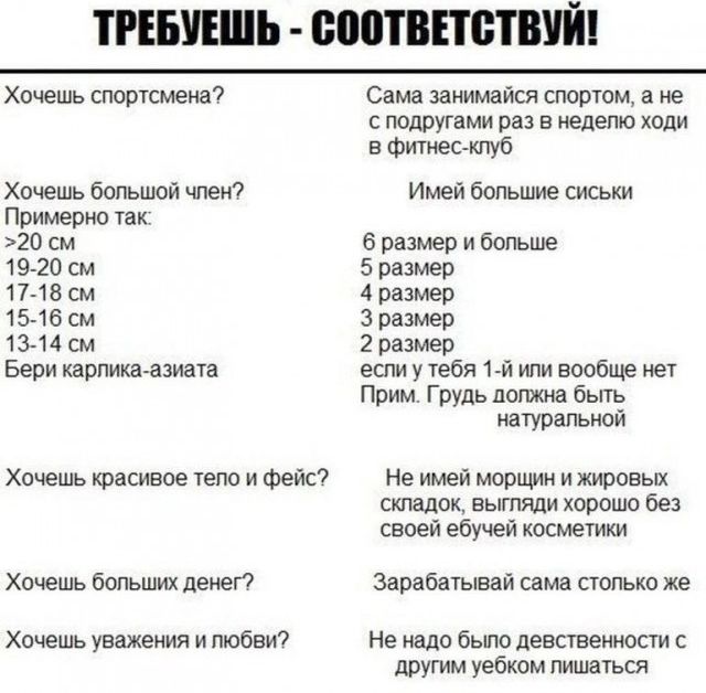 ТРЕБУЕШЬ МНЕНИЕ Хочешь спортсмена Хочешь большой член Примерно так 20 см 1920 см 17 18 см 15 16 см 13 14 см Бери карлика азиата Хочешь красивое тело и фейс Хочешь больших денег Хочешь уважения и любви Сама занимайся спортом а не с подругами раз в неделю ходи в Фитнес клуб Имей большие сиськи 6 размер и больше 5 размер 4 размер 3 размер 2 размер если у тебя 1 й или вообще нет Прим Грудь должна быть