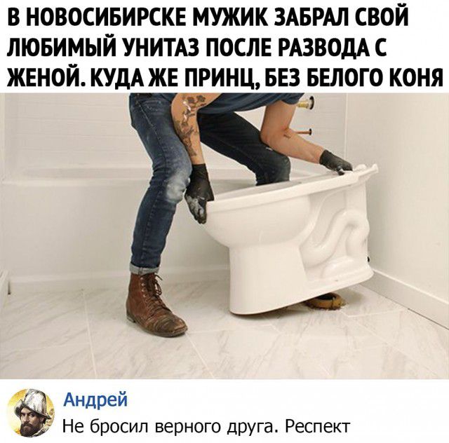В НОВОСИБИРСКЕ МУЖИК ЗАБРАЛ СВОЙ ЛЮБИМЫЙ УНИТАЗ ПОСЛЕ РАЗВОДА С ЖЕНОЙ КУДА ЖЕ ПРИНЦБЕ3 БЕЛОГО КОНЯ Андрей Не бросил верного друга Респект