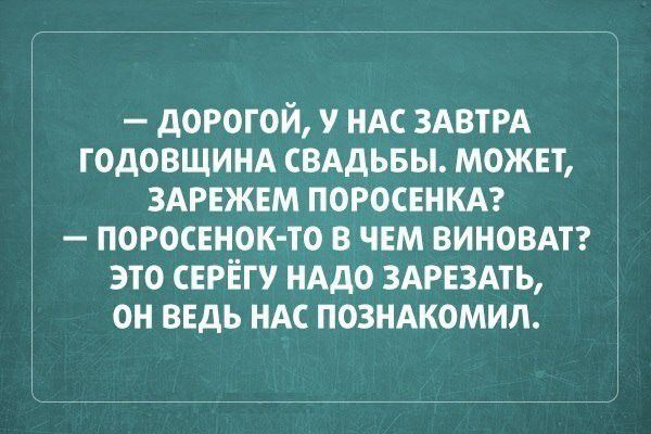 дОРОГОЙ У НАС ЗАВТРА ГОДОВЩИНА СВАДЬБЫ МОЖЕТ ЗАРЕЖЕМ ПОРОСЕНКА ПОРОСЕНОК ТО В ЧЕМ ВИНОВАТ ЭТО СЕРЁГУ НАДО ЗАРЕЗАТЬ ОН ВЕДЬ НАС ПОЗНАКОМИЛ