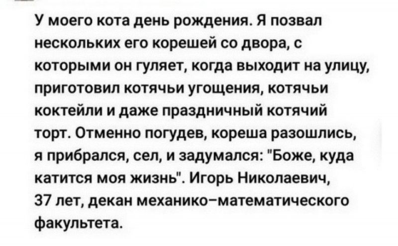 У моего кота день рождения Я позвал нескольких его корешей со двора с которыми он гуляет когда выходит на улицу приготовил котячьи угощения котячьи коктейли и даже праздничный котячий торт Отменно погудев кореша разошлись я прибрался сел и задумался Боже куда катится моя жизнь Игорь Николаевич 37 лет декан механикематематического факультета