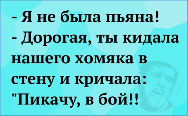 Я не была пьяна Дорогая ты кидала нашего хомяка в стену и кричала Пикачу в бои г