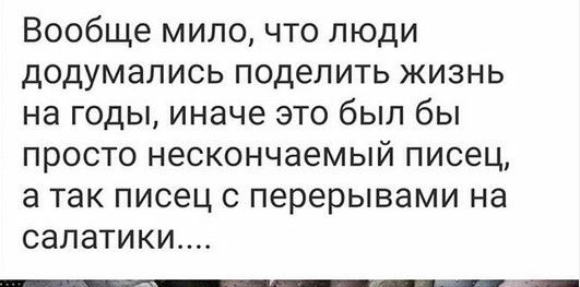 Вообще мило что люди додумались поделить жизнь на годы иначе это был бы просто нескончаемый писец а так писец с перерывами на салатики