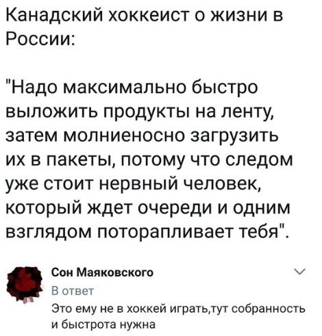 Канадский хоккеист о жизни в России Надо максимально быстро выложить продукты на ленту затем молниеносно загрузить их в пакеты потому что следом уже стоит нервный человек который ждет очереди и одним взглядом потораппивает тебя Спи Маяковского В ответ Это ему не в хоккей игратьлут собранность и быстрота нужна
