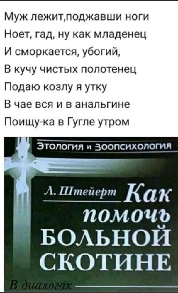 Муж лежитлоджавши ноги Ноет гад ну как младенец И сморкается убогий В кучу чистых полотенец Подаю козлу я утку В чае вся и в анальгине Поищу ка в Гугле утром 1 к Этология и зоопсихологии важдкик помочь ЁБОАЬНОЙ СКОТИНЕ