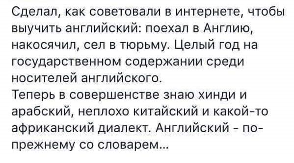 Сделал как советовали в интернете чтобы выучить английский поехал в Англию накосячил сел в тюрьму Целый год на государственном содержании среди носителей английского Теперь в совершенстве знаю хинди и арабский неплохо китайский и какойто африканский диалект Английский по прежнему со словарем