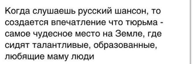 Когда слушаешь русский шансон то создается впечатление что тюрьма самое чудесное место на Земле где сидят талантливые образованные любящие маму люди