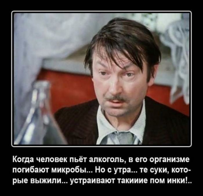 Когда человек пьёт алкоголь в его организме погибают микробы Но с утра те суки кото рые выжили устраивают такииие пом инки