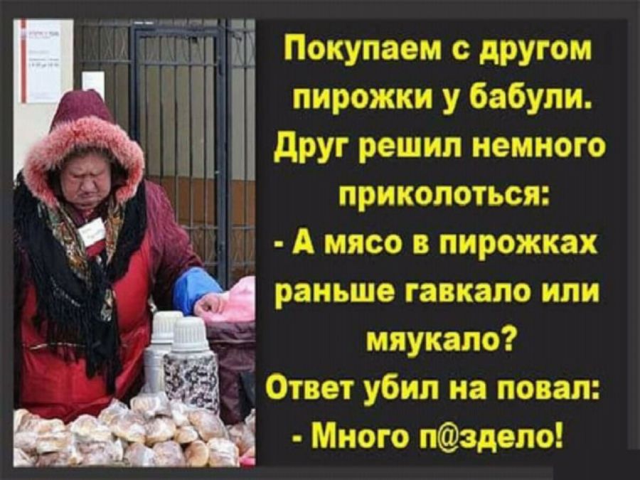 і Покупаем другом пирожки у бабули друг решил немного приколоться А мясо в пирожках раньше гавкапо или мяукапо А Ответ убил на повап Много пздепо