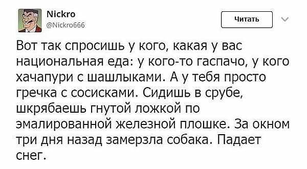 Вот так спросишь у кого какая у вас национальная еда у кого то гаспачо у кого хачапури с шашлыками А у тебя просто гречка с сосисками Сидишь в срубе шкрябаешь гнутой ложкой по эмалированной железной ппошке За окном три дня назад замерзла собака Падает снег