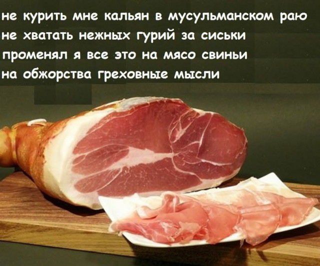 не курить мне кальян в мусульманском раю не хватать нежных гурий за сиськи променял я все это на мясо свиньи на обжорства греховные мысли