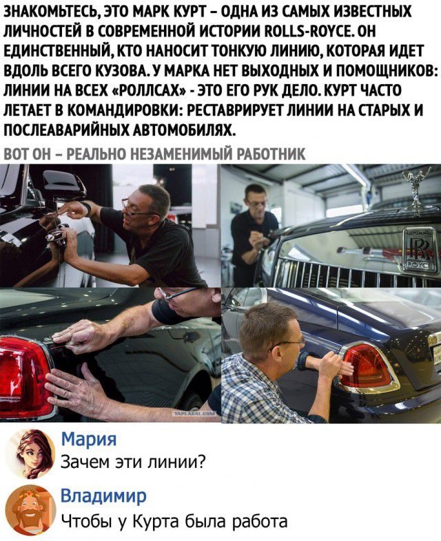 ЗНАКОМЬТЕСЬ ЭТО МАРК КУРТ ОДНА ИЗ САМЫХ ИЗВЕСТНЫХ ЛИЧНОСТЕИ В СОВРЕМЕННОЙ ИСТОРИИ КОЦБ КОУСЕ ОН ЕДИНСТВЕННЫЙ КТО НАНОСИТ ТОНКУЮ ЛИНИЮ КОТОРАЯ ИДЕТ ВДОЛЬ ВСЕГО КУЗОВАУ МАРКА НЕТ ВЫХОДНЫХ И ПОМОЩНИКОВ ЛИНИИ НА ВСЕХ РОЛЛСАХ ЭТО ЕГО РУК дЕЛО КУРТ ЧАСТО ЛЕТАЕТ В КОМАНДИРОВКИ РЕСТАВРИРУЕТЛИНИИ НА СТАРЫХ И ПОСЛЕАВАРИИНЫХ АВТОМОБИЛЯХ ВОТ ОН РЕАЛЬНО НЕЗАМЕНИМЫЙ РАБОТНИК Мария Зачем эти линии Владимир Чтобы