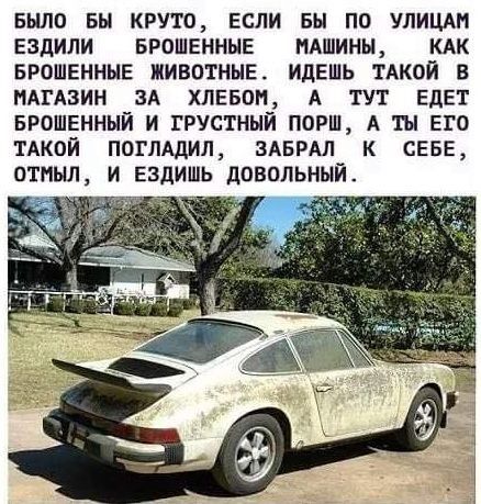 БЫЛО БЫ КРУТО Если Вы ПО УЛИЦА ЕЗДИЛИ БРОШЕННЫЕ МАШИНЫ КАК БРОШЕНННЕ ЖИВОТНЫЕ ИДЕШЬ ТАКОЙ В МАГАЗИН ЗА ХЛЕБОП А ТУТ ЕДЕТ БРОШЕННЫЙ И ГРУСТНЫЙ ПОРШ А Ш ЕГО ТАКОЙ ПОГЛАДИЛ ЗАБРАЛ К СЕБЕ ОТПЫЛ И ЕЗДИШЬ ПОВОЛЬНЫЙ