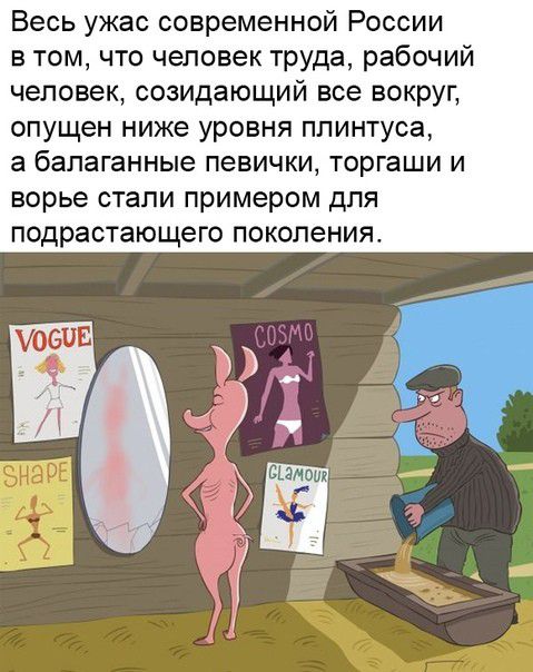 Весь ужас современной России в том что человек труда рабочий человек созидающий все вокруг опущен ниже уровня плинтуса а балаганные певички торгаши и ворье стали примером для подрастающего поколения
