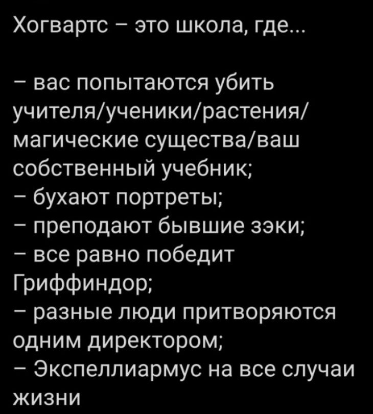 ХОГВЭРТС _ ЭТО ШКОЛЭ где вас попытаются убить учителяученикирастения магические существаваш собственный учебник бухают портреты преподают бывшие зэки все равно победит ГРИФФИНДОР разные люди притворяются одним директором Экспеллиармус на все случаи жизни
