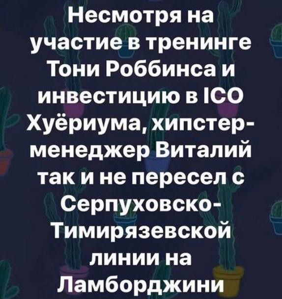 Несмотря на участие в тренинге Тони Роббинса и инвестицию в ЮО Хуёриума хипстер менеджер Виталий так и не пересел с Серпуховско Тимирязевской линии на Ламборджини