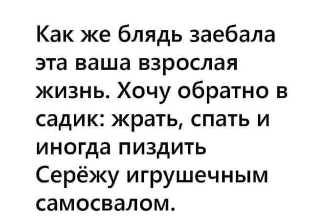 Как же блядь заебала эта ваша взрослая жизнь Хочу обратно в садик жрать спать и иногда пиздить Серёжу игрушечным самосвалом