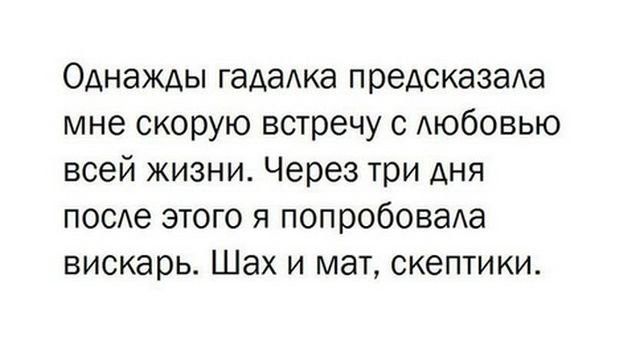 Однажды гадаАка предсказаАа мне скорую встречу с Аюбовью всей жизни Через три дня поое этого я поп робоваАа вискарь Шах и мат скептики