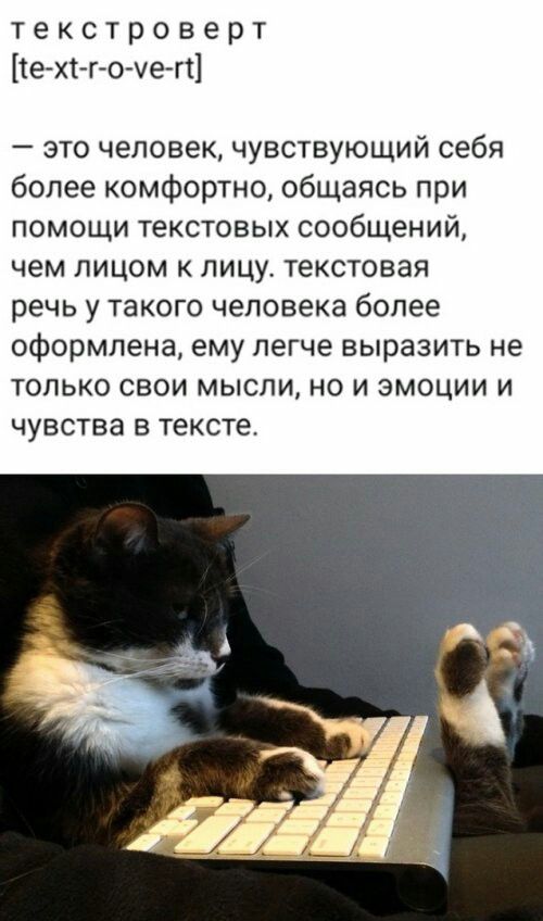 т е к с т р о в е р т те хт г о че п это человек чувствующий себя более комфортно общаясь при помощи текстовых сообщений чем лицом к лицу текстовая речь у такого человека более оформлена ему легче выразить не только свои мысли но и эмоции и ЧУВСТВЭ В тексте