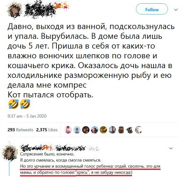 гоп и Давно выходя из ванной подскользнулась и упала Вырубилась В доме была лишь дочь 5 лет Пришла в себя от какихто влажно вонючих шлепков по голове и кошачьего крика Оказалось дочь нашла в холодильнике размороженную рыбу и ею делала мне компрес Кот пытался отобрать о 17 им то 293 Кешеек 2375 щаз 6 З ё отрпсение было конечно я долго смеялась да омэ смеш Но 310 у чаиие и возм шеый голок ебенка оша
