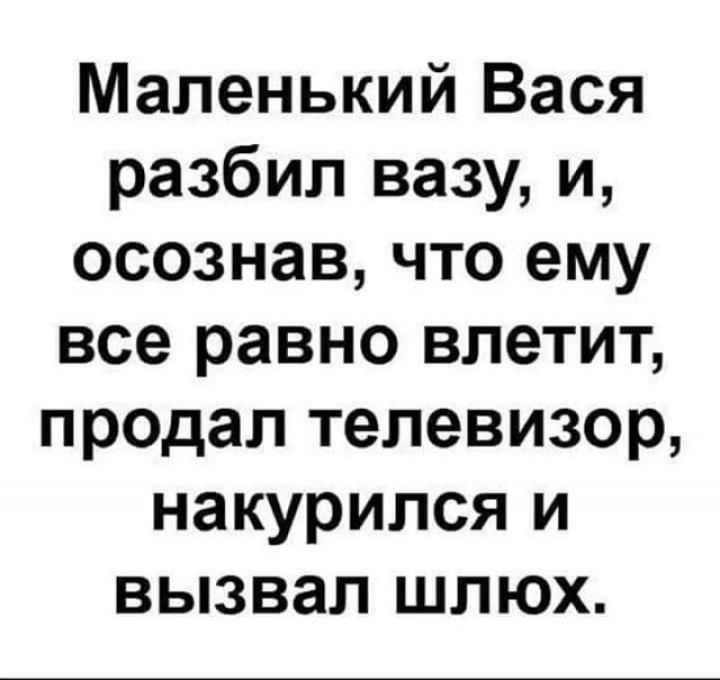 Маленький Вася разбил вазу и осознав что ему все равно влетит пр0дал телевизор накурился и вызвал шлюх